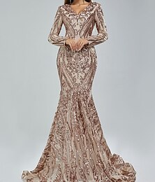 abordables -Robe de Soirée Sirène Sequins Robe Élegante Robe Formelle Carnaval Traîne de Cour Manche Longue Col en V Dentelle Afro-Américaine Robe Mascarade 2025
