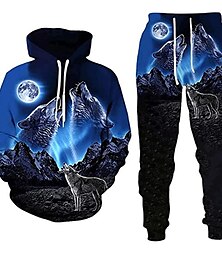 cheap -Men's Tracksuit Hoodies Set Blue Hooded Graphic Animal Wolf 2 Piece Print Sports & Outdoor Casual Sports 3D Print Streetwear Designer Basic Spring Fall Clothing Apparel Hoodies Sweatshirts  Long