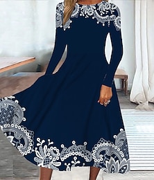 halpa -Naisten midi-mekko rento mekko talvimekko keinuva mekko muoti siveellinen muodollinen ulkoilu juhla normaali sovitus kukka pitkät hihat pyöreä kaula-aukkko laivastonsininen kevät syksy talvi syksy