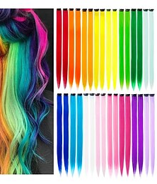 preiswerte -32 Packungen farbige Haarverlängerungen 20 Zoll gerader Farbclip in der Haarverlängerung Rainbow Party Highlights synthetisches Haarteil für Mädchen
