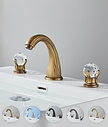 abordables -Grifo para lavabo de baño Grifo monomando con mango de cristal para baño de latón montado en cubierta de 3 orificios (dorado/negro/cromado)