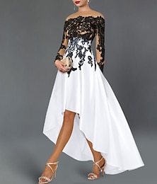 preiswerte -A-Linien Cocktailkleider Elegantes Kleid Hochzeitsfeier Semi Formal Asymmetrisch Lange Ärmel Off Shoulder Herbst Hochzeitsgast Satin mit Perlen Stickerei Applikationen Derby Kleider 2025