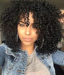 cheap -Curly Wigs for Black Women - Natural Black Synthetic African American Full Kinky Curly Afro Hair Wig with Bangs