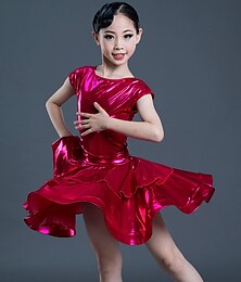 cheap -Latin Dance Kids' Dancewear Dress Pure Color Splicing Girls' Performance Training Short Sleeve High Polyester