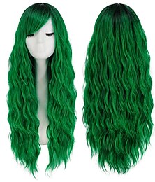economico -parrucche verdi per le donne parrucca di capelli verdi ondulati ricci lunghi ombre con frangia parrucche sintetiche naturali carine per parrucche da festa parrucche da giorno di san patrizio
