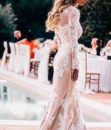 cheap -Beach Wedding Dresses in Color Boho Wedding Dresses Mermaid / Trumpet Scoop Neck Long Sleeve Court Train Lace Bridal Gowns With Appliques 2024
