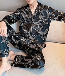 economico -Per uomo Pigiami Pigiama di seta 2 pezzi Stella Foglie Semplice Comoda Interni Giornaliero Seta sintetica Traspirante Bavero Manica lunga Pantalone Tasche Autunno Primavera Nero Blu