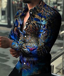 お買い得  -男性用 動物 虎 幾何学模様 シャツ ボタンアップシャツ 長袖 ファッション デザイナー カジュアル アウトドア バケーション 祝日 秋冬 カラー 3Dプリント ボタンダウン ブルー イエロー ルビーレッド ネイビーブルー パープル