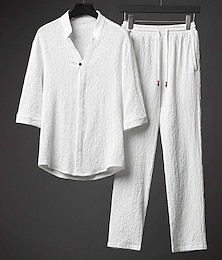 Недорогие -Men's 2 Piece Shirt Set Summer Set Shirt and Pant Sets Black White Gray Half Sleeve Solid Colored Collar Outdoor Street Drawstring Clothing Apparel Comfortable Loose