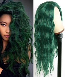 baratos -Perucas verdes para mulheres, resistentes ao calor, substituição de cabelo, onda profunda, parte do meio, peruca de renda sintética pequena, para festa de natal, peruca de festa diária, perucas do