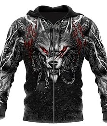 levne -Pánské Zvíře Vlk Grafické tisky Viking Kapuce Kapucky Mikina Šik ven Designové Dlouhý rukáv Kapuce Sporty a outdoor Denní Sport Černá Zip Tisk Jaro & podzim Návrhář