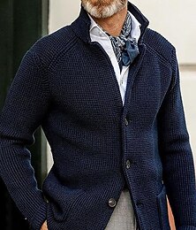 cheap -Men's Sweater Cardigan Sweater Jacket Blazer Waffle Knit  Stand Collar Cropped Knitted Solid Color Long Sleeve Basic Stylish Outdoor Daily Clothing Apparel Fall Winter Blue Khaki S M L