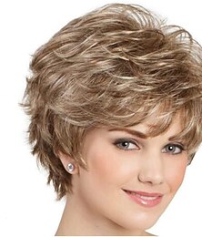 cheap -Short Brown Curly Wigs with Blonde Highlight Brown Pixie cut Wavy Wigs for White Women Layered Synthetic Full Wigs for Daily Party