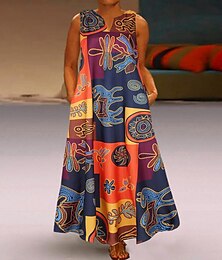 economico -abito da donna plus size curvo stampa scollo a V stampa senza maniche primavera estate vintage casual maxi abito lungo abito da vacanza quotidiano