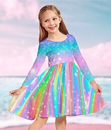 cheap -Kids Girls' Dress Rainbow Mermaid Long Sleeve Casual Crewneck Adorable Daily Polyester Above Knee Casual Dress Swing Dress A Line Dress Fall Winter 3-10 Years Multicolor
