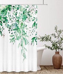 זול -וילון מקלחת עם ווים，צמח פרחוני עלים בצבעי מים ירוקים בהירים על הצמח העליון עם עיטור חדר אמבטיה פרחוני אינץ' עם ווים