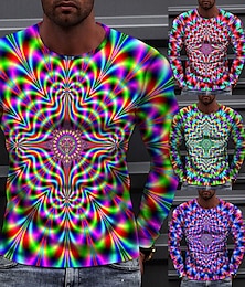 cheap -Men's T shirt Tee Optical Illusion Crew Neck Red Blue Green Rainbow 3D Print Outdoor Street Long Sleeve Print Clothing Apparel Sports Fashion Sportswear Casual