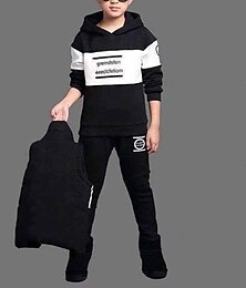 preiswerte -3 Stück kinderkleidung Jungen Trainingsanzüge Outfit Farbblock Buchstabe Langarm Baumwolle Set Sport Winter Herbst 7-13 Jahre Schwarz Marineblau
