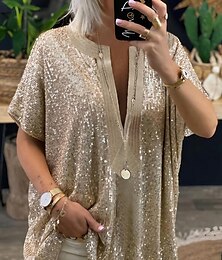 economico -camicetta da donna elegante vintage moda luccicante paillettes manica lunga top regolari scollo a V casual weekend argento oro primavera autunno