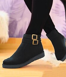 abordables -Botines negros de ante sintético para mujer con doble hebilla, botas cortas informales, planas y cómodas para otoño e invierno.