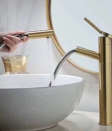 ieftine -baterie pentru chiuveta de baie cu pulverizator extras, auriu periat un singur mâner pipa de robinet din alamă cu o gaură cu apă caldă și rece