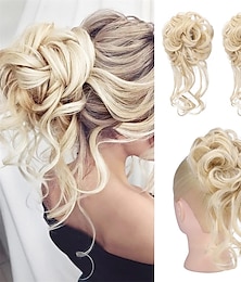 cheap -Messy Bun Hair Piece HOOJIH 2PCS Tousled Updo with Tendrils Hair Bun Extensions Wavy Curly Hair Wrap Ponytail Hairpieces Thick Hair Scrunchies for Women Girls - Cool Light Blonde