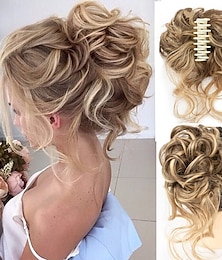 voordelige -rommelig haar knot haarstukje voor vrouwen clip in klauw haarstukken synthetische chignon super lange warrige opgestoken haar knot extensions golf krullende haarstukjes voor dagelijks gebruik (12/24)