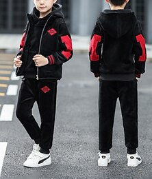 cheap -3 Pieces Kids Boys Hoodie & Pants Outfit Letter Long Sleeve Set Casual Cool Casual Winter Fall 7-13 Years Big M double-sided velvet (three-piece set) red Big M double-sided velvet (three-piece set