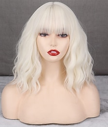 levne -krátké platinové blond paruky pro ženy bílá blond vlnitá paruka s ofinou syntetická středně dlouhá platinová vlnitá bob paruka pro každodenní použití