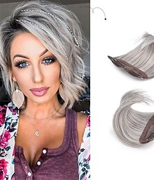 billiga -2-pack 4 tum korta tjocka hårstycken som lägger till extra hårvolymklämma i hårförlängningar hårtopp för tunt hår kvinnor färg grå/brun/silver/vit blandad