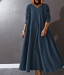economico -abito casual curvo taglie forti da donna colore puro scollo a V manica lunga inverno autunno basic casual maxi abito lungo abito da vacanza quotidiano