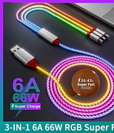economico -3-in-1 6a 66w rgb cavo di ricarica super veloce tipo-c cavo di ricarica micro usb flusso freddo linea dati bagliore colorato per iphone android