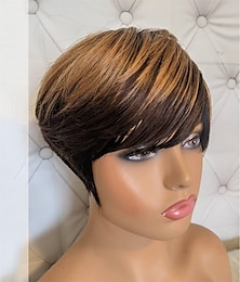 Недорогие -парики пикси для чернокожих женщин человеческие волосы бразильские настоящие человеческие волосы короткие многослойные парики пикси с челкой для женщин бесклеевой парик без кружева передний парик