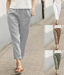 abordables -Femme Pantalon en lin Chino Imitation Lin Poche Bouffant Taille médiale Cheville Blanche Eté