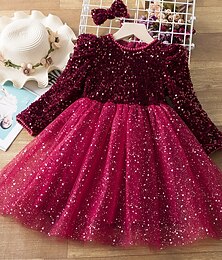 billiga -Småbarn Flickor Festklänning Ensfärgat Långärmad Prestanda Paljetter Nät söt stil Prinsessa Polyester Knälång Tyllklänning Sommar Vår 3-7 år Rubinrött Grå