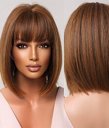 abordables -Perruques brunes pour femmes perruques bob courtes avec une frange cheveux naturels synthétiques perruque cosplay mignonne