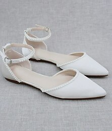 baratos -Sapatos de casamento para noiva, dama de honra, mulheres, bico fechado, bico fino, sapatilhas de cetim branco com imitação de pérola, salto plano, tira no tornozelo, festa de casamento, dia dos namorados, clássico elegante