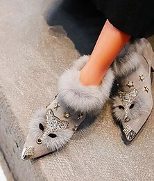 abordables -Botines de mujer de punta puntiaguda con ribete de piel gris, adornos de zorro y estrella con diamantes de imitación y tacones gruesos