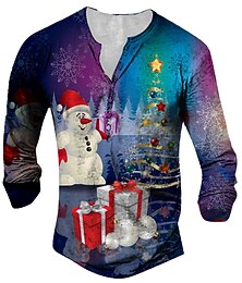 お買い得  -クリスマス Tシャツ メンズ Tシャツ Tシャツ ヘンリーシャツ Tシャツ グラフィック 雪だるまヘンリー レッド ブルー パープル 3D プリント アウトドア クリスマス 長袖 ボタンダウン プリント 衣類 アパレル デザイナー ベーシック クラシック