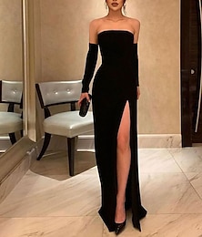 abordables -Robes fourreau noires robe de soirée élégante robe de fiançailles et de bal longueur sol sans manches bustier invité de mariage automnal tissu extensible avec fente robe de masquerade 2025