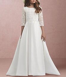 billige -A-linje Gulvlang Blomsterpigekjole Konfirmation Sød gallakjole Satin med Perledetaljering Elegant Passer 3-16 år