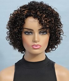 cheap -Ombre Short Curly Human Hair Wigs For Black Women Short Curly Wigs Human Hair Highlighted Piano Color Side Part Wigs For Older Women
