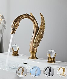 お買い得  -広く普及しているバスルームのシンクのミキサーの蛇口白鳥の形、ビンテージの真鍮製の 3 穴 2 ハンドルの洗面器の蛇口デッキが取り付けられています。