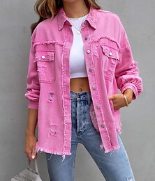 economico -Per donna Shacket Liscio Essenziale Manica lunga Colletto Top regolari San Valentino Informale Giornaliero Bottoni Tasche Rosa Viola Arancione Primavera Autunno