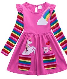 preiswerte -Kinder Wenig Mädchen Kleid Einhorn Regenbogen Blume Tier T Shirt Kleid Zeichentrickfilm Mit Taschen Druck Blau Gelb Fuchsie Übers Knie Langarm Aktiv Freizeit Kleider Normale Passform 2-8 Jahre