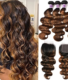 cheap -Brown Highlight Body Wave Human Hair 3 Bundles with 4x4 lace closure Brazilian Remy Hair Ombre Human Hair Wavy Weaves FB30 Color 14 16 1814 Closure