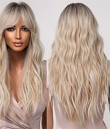 cheap -Allbell Blonde Platinum Wig for Women Long Curly Synthetic Hair with Bangs Wave Wigs with Dark Roots barbiecore Wigs