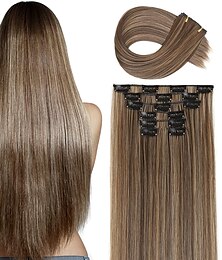 abordables -clip dans les extensions de cheveux 6pcs 16 clips bouclés ondulés droits épais clip sur les postiches d'extension de cheveux synthétiques (24 pouces brun foncé avec blond sale - droit)