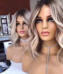 abordables -Pelucas de cabello humano brasileño virginal rubio ceniza 13x4 con encaje frontal pre-arrancado onda del cuerpo corto bob color destacado peluca frontal de encaje para mujeres