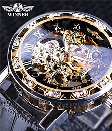 cheap -Winner Transparent Diamond Mechanical Watch Fashion Luxury Leather Strap Skeleton Wrist Watch Royal Design Luminous Gear Movement Self Winding Male Clock